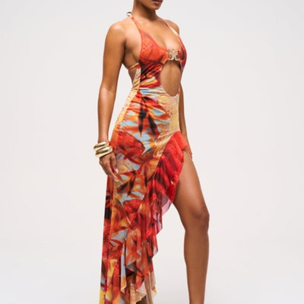 Elegant Orange and Red Maxi Dress